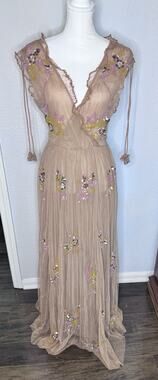 Let Me Be NWT Kaira Maxi Dress SZ Medium Sheer Tan Floral Embellish Romantic